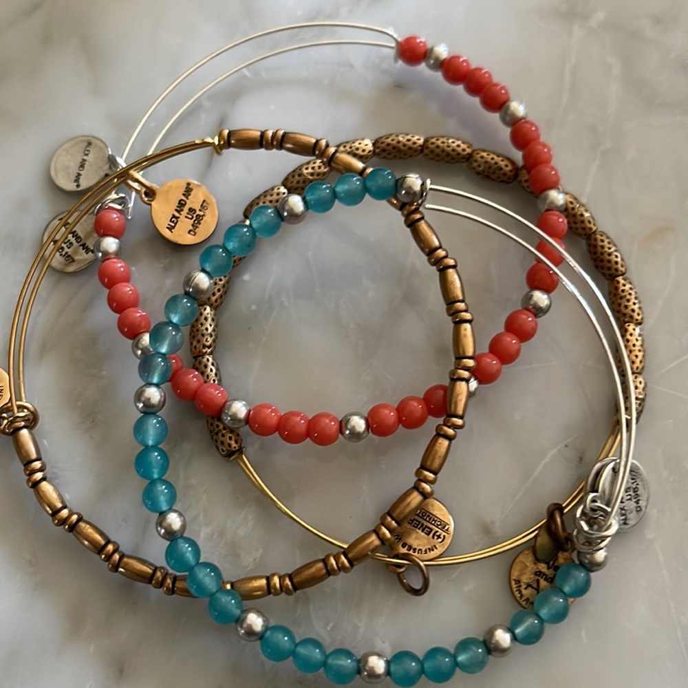 Alex and Ani-4 Piece Set-Gold & Silver bracelets w/blue/coral/silver/gold beads